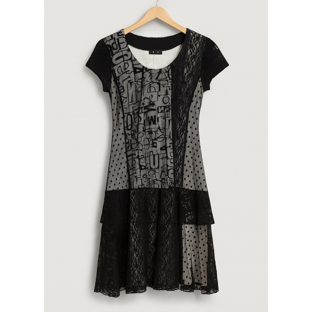 Y2k Vintage Bali Corp Sz S Womens Black Sheer Lace Polkadot Tiered Midi Dress